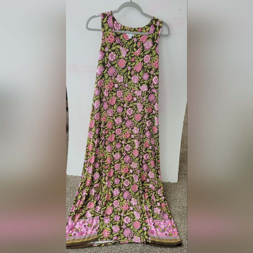 J.Jill Floral Green Pink Sleeveless Empire Waist Maxi Dress Size Medium
